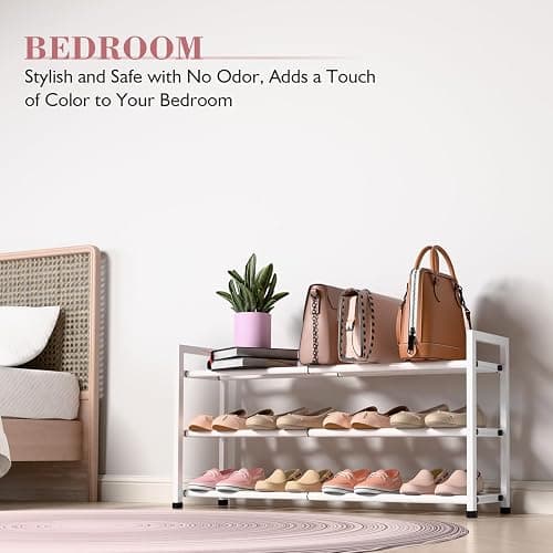 Bumusty 3-Tier Expandable Shoe Rack for Closet, 18“-33” Adjustable Shoe Rack for Small Space, Small Shoe Organizer for Front Door, Sturdy Metal, White thumbnail 4