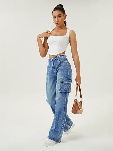 Women High Waisted Cargo Jean for Women with 6 Pockets Straight Wide Leg Jean Casual Baggy Pants thumbnail 6