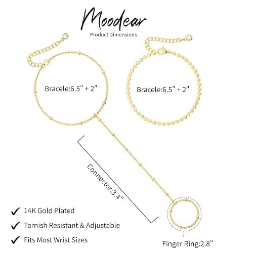 Moodear Gold Hand Chain Bracelet for Women | 14K Gold Plated Hand Chains, Layered Adjustable Satellite Bead Link Ring Bracelets, Hypoallergenic Trendy Jewelry Gift thumbnail 4