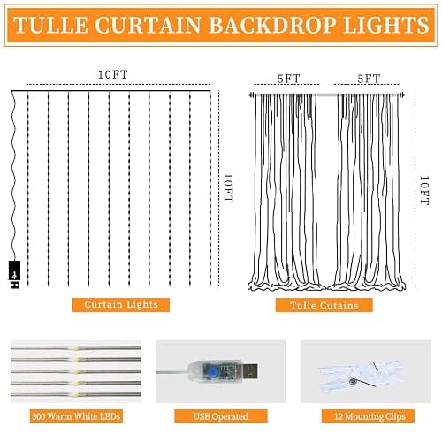 Patioman 10x10ft White Tulle Backdrop Curtain with String Lights, Wrinkle-Free Sheer Wedding Backdrop for Birthday Parties, Baby Showers, Bridal Showers, Photo Shoots and Home Decorations, White thumbnail 3