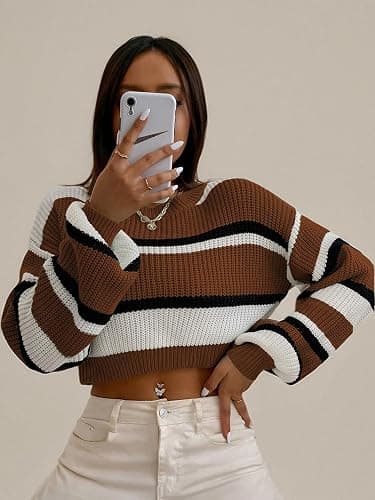 ZAFUL Women's Color Block Striped Sweater Crew Neck Lantern Sleeve Cropped Sweaters Casual Loose Knitted Tops thumbnail 6
