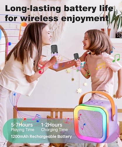 Mini Karaoke Machine Speaker for Kids Adults,Portable Bluetooth with 1-2 Wireless Microphones,Christmas Birthday Gifts Toys Girls Boys Ages 4, 5, 6,7, 8,9,10,11,12+ Years Old Toddler (Purple - 1 Mic) thumbnail 5