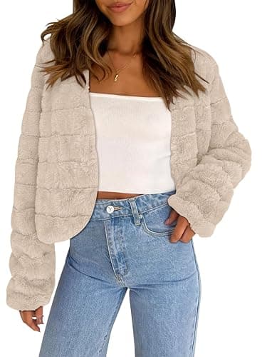 M -Faux Fur Coats Fleece Cropped Jacket Long Sleeve Shaggy Warm Outerwear Fall Winter Clothes - Image 1