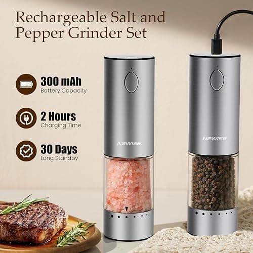 Newise Electric Salt and Pepper Grinder Set - Christmas Kitchen Gift, Rechargeable with LED Lights, Stainless Steel Automatic Mill, Adjustable Coarseness, Large Capacity, Silver thumbnail 4