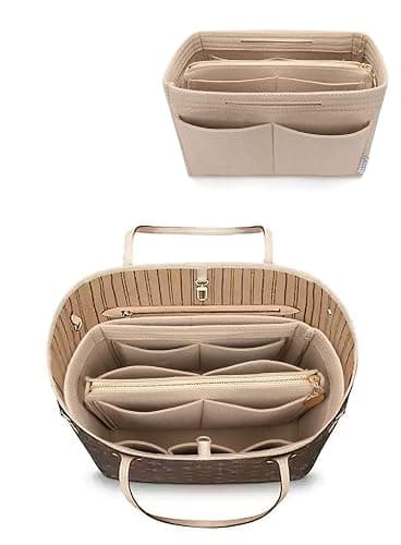 LEXSION Felt Purse Bag Organizer Insert with zipper Bag Tote Shaper Fit Speedy Neverful PM MM - Slender Large - Beige - Image 1