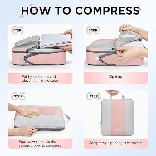 10 Set Compression Packing Cubes for Travel Essentials,Compressible Expandable Packing Cubes for Suitcase,OlarHike Luggage Organizer Bags for Travel,Handy Helper for Organizing Clothes(Pink) - 06-Pink thumbnail 3