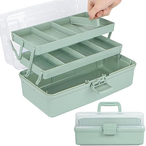 TERGOO 12.5in 3-Layer Multipurpose Craft Organizers and Storage with Adjustable Dividers, Portable Tackle Box, Folding Art & Craft Case for Medicine, Tool, Sewing Organizer (Haze Green) thumbnail 2