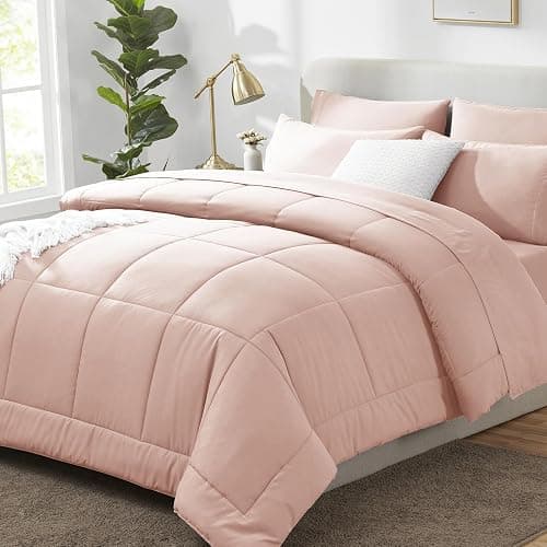 CozyLux Queen Comforter Set Blush Pink, 7 Pieces Bed in a Bag, Pink Comforters Queen Size, All Season Bedding Sets with Stitch Quilted Comforter, Flat Sheet, Fitted Sheet, Pillowcases - Image 1