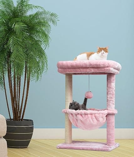 SYANDLVY Small Cat Tree for Indoor Cats, Activity Cat Tower with Scratching Post for Kittens, Modern Cat Furniture with Basket & Hanging Ball for Play Rest, Pink thumbnail 6
