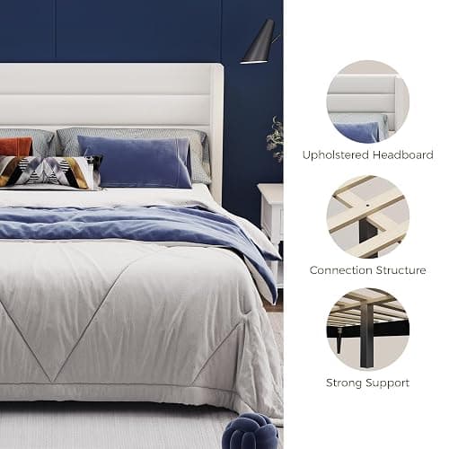 Casaottima Queen Bed Frame Upholstered Platform Bed with Wingback Headboard, Wooden Slats Support, Noise-Free Mattress Foundation, No Box Spring Needed, Easy Assembly, Horizontal Stripe Cream White thumbnail 6