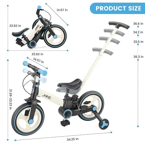 JMMD 6 in 1 Toddler Bike with Push Handle for Kids 18-60 Months, 12" Foldable Balance Bike with Training Wheels, Pedals, Brakes, Kickstand, Push Tricycle Toddler Gift & Toys for Boy & Girl thumbnail 8