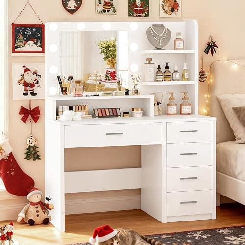 Quimoo Vanity Desk with Mirror & Lights, Makeup Vanity with 5 Drawers & Storage Shelves, White Vanity Table, 3 Color Modes & Adjustable Brightness, Dressing Table, Bedroom thumbnail 9