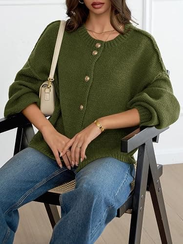 Saodimallsu Womens Oversized Cardigans Button Up Long Lantern Sleeve Chunky Knit Casual Soft Fall Sweater Coats thumbnail 4