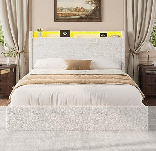 coucheta Queen Size LED Bed Frame with Headboard & 4 Storage Drawers, Soft Boucle Upholstered Platform Bed Frame with Charging Station and USB Ports, Wooden Slats Support, No Box Spring Needed, White thumbnail 3
