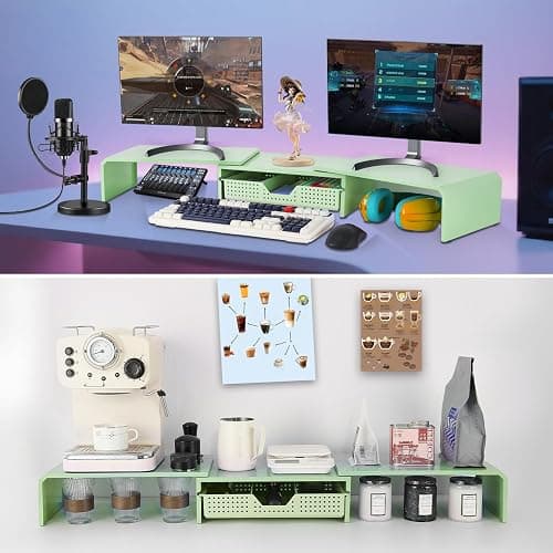 LEKETREE Dual Monitor Stand Riser with Drawer, Desk Organizer and Accessories, Metal Laptop Stand for Desk, Workspace Desktop Stand for Computer, Laptop, TV and More (Mint Green) thumbnail 5
