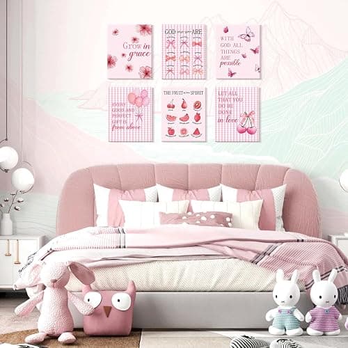 CHDITB 6Pcs Pink Girly Affirmation Framed Canvas Wall Art, Trendy Flower Bow Butterfly Cherry Balloon Poster Prints, Cute Inspirational Quotes Artwork for Teen Girl Bedroom Preppy Dorm (8" X 10") thumbnail 4