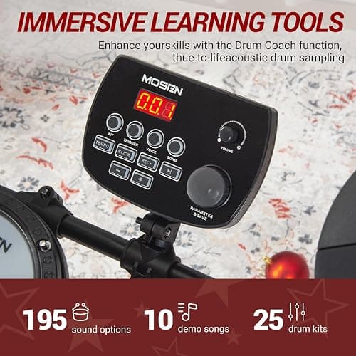 MOSEN Electric Drum Set with 4 Quiet Mesh Drum Pads, Cymbals, Sticks, Headphones, USB MIDI, Kick Pedal, 195+ Sounds and 25 Drum Kits for Beginner MED-X3 thumbnail 4