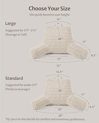 Blissful Diary Reading Pillow, Backrest Pillow with Shredded Memory Foam for Adult & Children, Designed for Bed and Couch Sitting Up, Includes Arms, Pockets and Washable Cover, Off White thumbnail 2