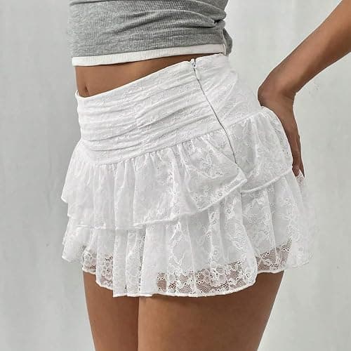 Y2K Lace Tiered Mini Skirt for Women Ruffled Pleated Lace Trim Half Slip Low Rise Flowy Short Skirts Halloween Underskirt thumbnail 5