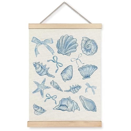 XUNLURY Coquette Blue Bow Beach Poster Hanger Frame, Coastal Seashell Starfish Conch Canvas Wall Art, Nautical Coastal Wall Decor for Home Bedroom Living Room Beach House, 12x16 Inch - Image 1