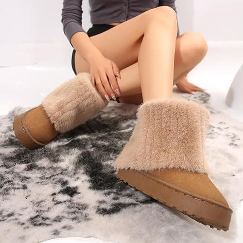 Gezolligheid Women's Faux Fur Mid Calf Snow Boots - Round Toe Suede Warm Fur Lined Platform Flat Comfort Outdoor Winter Fashion Boots thumbnail 2