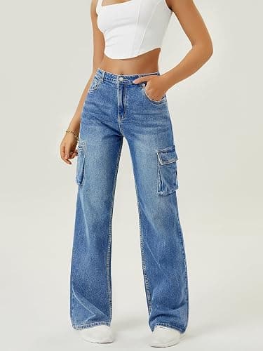 Women High Waisted Cargo Jean for Women with 6 Pockets Straight Wide Leg Jean Casual Baggy Pants thumbnail 3