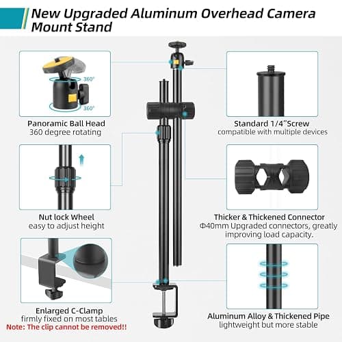 Camera Desk Mount Webcam Stand with Overhead Articulating Magic Boom Arm 1/4" Ball Head for DSLR Tripod, Adjustable Light Stand, Tabletop C Clamp for Ring Light Photo Video Shooting Live Streaming thumbnail 9