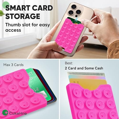 CukoHno Classic - Suction Phone Card Holder Adhesive Mount,Up to 3 Cards,Hands-Free,Strong Grip Holder for Selfies and Videos,2.28″x 3.5″,Hot Pink thumbnail 3
