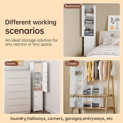 MAGINELS 5 Cube Storage Cabinet, Narrow Clothes Storage with Doors,Tall Plastic Standing Organizer Shelves for Small Spaces,Use to Closet,Bedroom,Livingroom,White(11.8x11.8inch) thumbnail 5