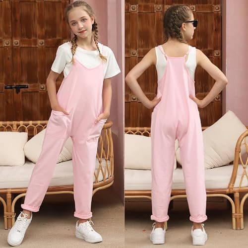 RAISEVERN Jumpsuits for Girls Casual Sleeveless Loose Spaghetti Strap Summer Rompers Long Pants with Pockets thumbnail 2