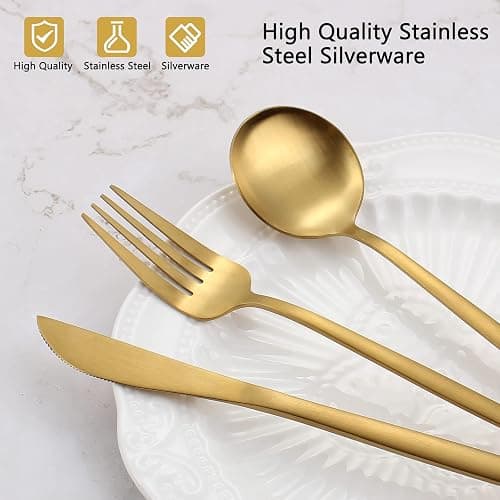 Matte Gold Silverware Set, VANVRO 20-Piece Stainless Steel Flatware Set, Satin Finish tableware Cutlery Set, Service for 4, Home and Restaurant, Dishwasher Safe thumbnail 5