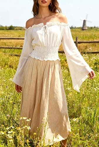 KIMIKAL Renaissance Cottagecore Shirt Women Peasant Blouse - Tie Front Off Shoulder Trumpet Sleeve Top thumbnail 2