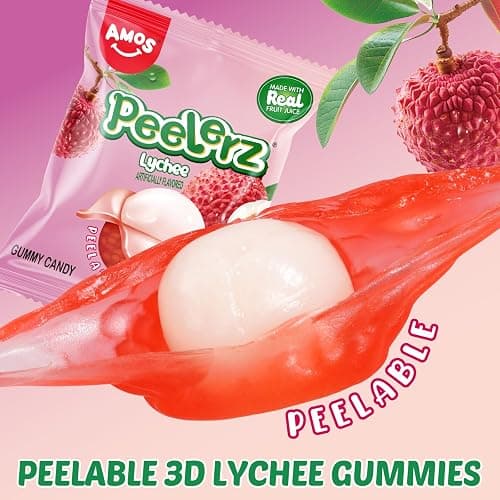 AMOS Peelerz Lychee Gummy Candy, Peelable Fruit-Shaped Candy, 8.47oz Box with 10 Individual Packs – Fun Peeling Gummy Snack Made with Real Juice thumbnail 3