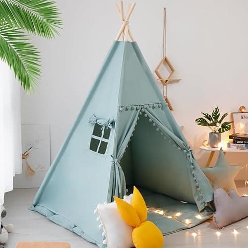 RONGFA Teepee Tent for Kids with Mat, Star Lights, Carry Case, Cotton Canvas Playhouse, Foldable Tents, Portable Children Play Tent Indoor Outdoor (Jewelry Blue) thumbnail 2