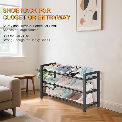 Detsuk 3-Tier Expandable Shoe Rack – Adjustable Heavy-Duty Metal Shoe Organizer Shelf for Closet, Entryway, Mudroom & Garage – Durable Freestanding Storage, Black thumbnail 6