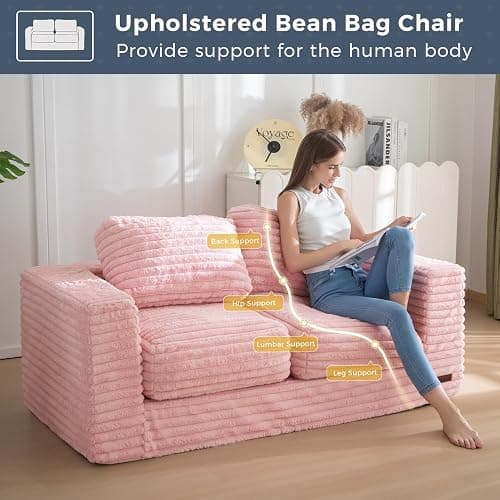 MAXYOYO Bean Bag Chair, Two-seat Bean Bag Sofa with Pillows and Armrests for Adults, Upholstered Loveseat Floor Sofa Couch Fluffy Chair Bean Bag Couch for Bedroom Living Room, Pink thumbnail 9