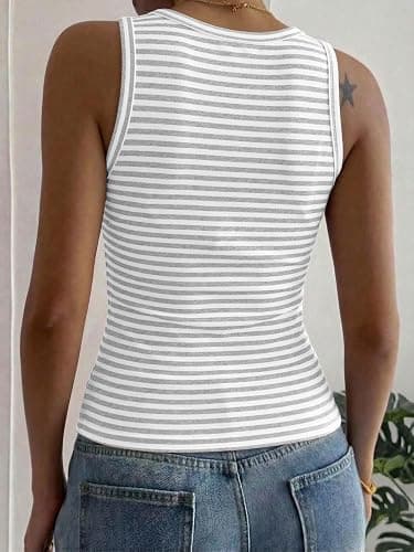 Cioatin Women Sleeveless Striped Crop Tank Tops Strappy Square Neck Slim Fit Cami Y2K Aesthetic Preppy Summer Outfits Workout thumbnail 4