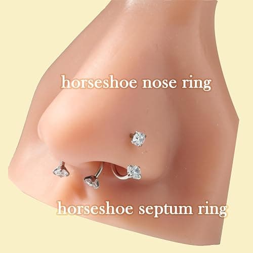 Longita 20g 18g Horseshoe Nose Ring for Women Double Gem Horse Shoe Nose Ring Hoop Surgical Steel Silver Gold Cartilage Helix Tragus Earring Hoops Labret Lip Piercing Jewelry Small Septum Rings 16g thumbnail 3