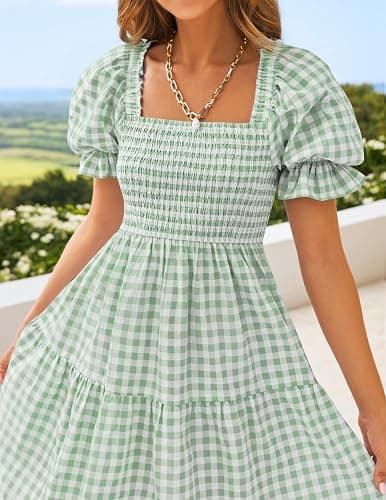 ZESICA Women's 2026 Boho Summer Dresses Gingham Puff Sleeve Square Neck Flowy Beach Midi Dress thumbnail 4