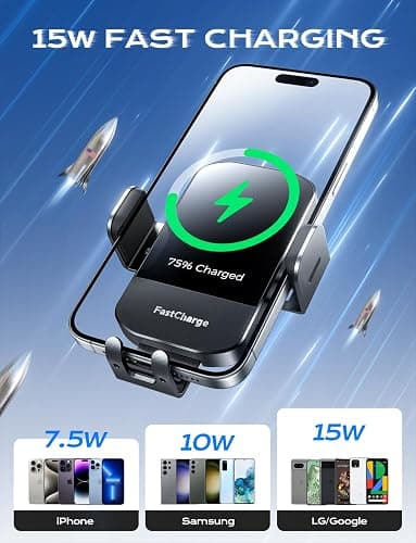 CHGeek Wireless Car Charger, 15W Fast Charging Auto Clamping Car Charger Phone Mount Phone Holder fit for iPhone 16 15 14 13 12 Pro Max 11 XR XS, Samsung Galaxy S24 Ultra S23 S22 S21, S20, S10+, Black thumbnail 3