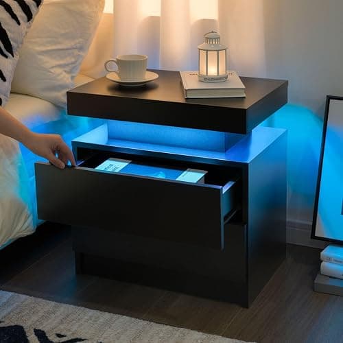 Cubehom Black Nightstand LED Set of 2 Black Bedside Table LED Night Stand with LED Lights Modern End Side Table with 2 Drawers for Bedroom - Deep Black thumbnail 3