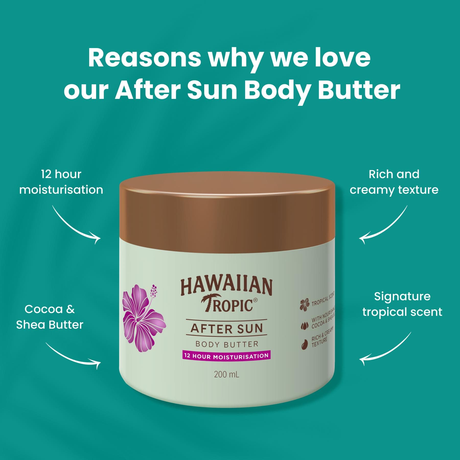 Hawaiian Tropic After Sun Body Butter 200ml, 12 hour moisturisation, Cocoa and Shea Butter, Rich and Creamy formula thumbnail 3