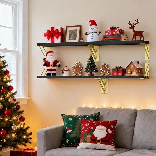 BAYKA Floating Shelves for Bedroom Decor, Wall Shelves for Storage, Wall Mounted Rustic Wood Floating Shelf for Books,Corner Shelf for Bathroom,Kitchen,Living Room(Black and Gold，Set of 4) thumbnail 5