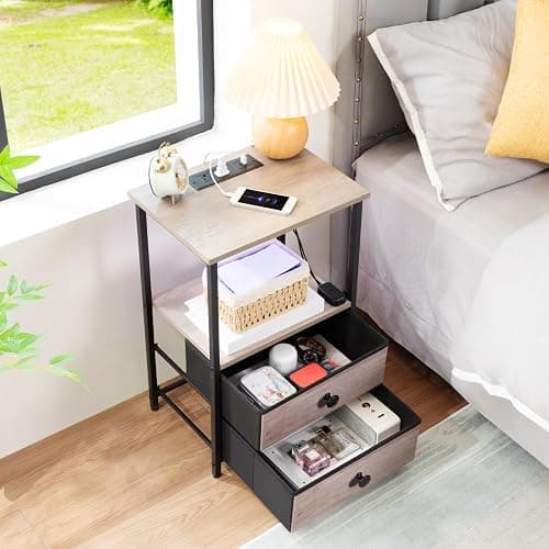 LOAKEKEL Night Stand Set 2, LED Nightstand with Charging Station, End Tables with Storage Shelf, Bedside Table with 2 Fabric Drawers for Bedroom, Small Spaces, Grey HETS02PGY thumbnail 6