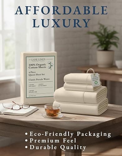 LANE LINEN 100% Organic Cotton Queen Sheets, 4Pc Cotton Sheets Set, Classic Percale Weave Bedsheets Queen Size Bed, Soft Breathable Sheet & Pillowcase Sets, Deep Pocket 15" - Natural thumbnail 8