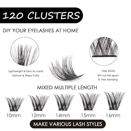 120pcs Wimperns Cluster DIY Wimpern-Extensions Kit mit Applikator und Wimpernkleber und Versiegelung Falsche Wimpern Natürlicher Look C D Curl Länge Mix 10-16MM-DM27 thumbnail 3