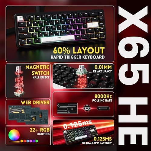 MAMBASNAKE Attack Shark X65 HE Clavier à Déclenchement Rapide, Précision RT de 0,01 mm, 8KHz, Clavier Filaire à Effet Hall à 60% avec Câble 8 KHz, Actionnement Réglable, Snap Tap, pour PC/Mac, Noir thumbnail 2