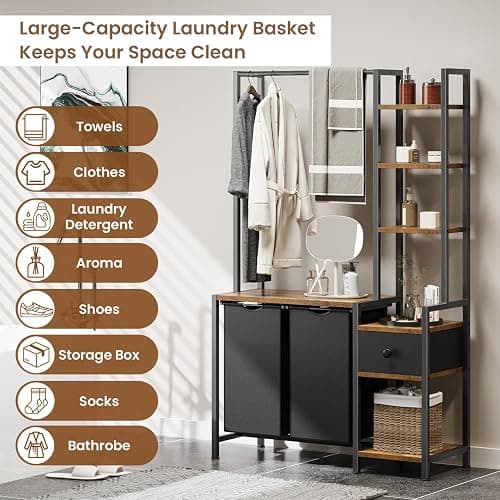 Creso hom Laundry Hamper with Shelf, 5 Tiers Tall Laundry Basket Sorter with 2 Pull-Out and Removable Bags, Clothes Rack with Laundry Sorter for Laundry Room Bathroom Bedroom, Rustic Brown thumbnail 5