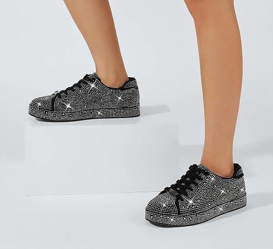 LUCKY STEP Platform Rhinestone Fashion Glitter Sneakers | Sparkly Bling Bedazzled Wedding Bridal Shiny Shoes for Women thumbnail 9