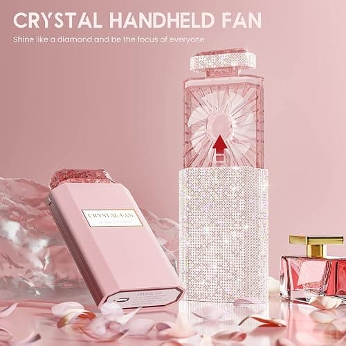 Bling Handheld Personal Fan, Rechargeable with 3 Speeds, Crystal Pull-out Portable Cooling Fan for Girls, Women - Pink Rhinestones thumbnail 2
